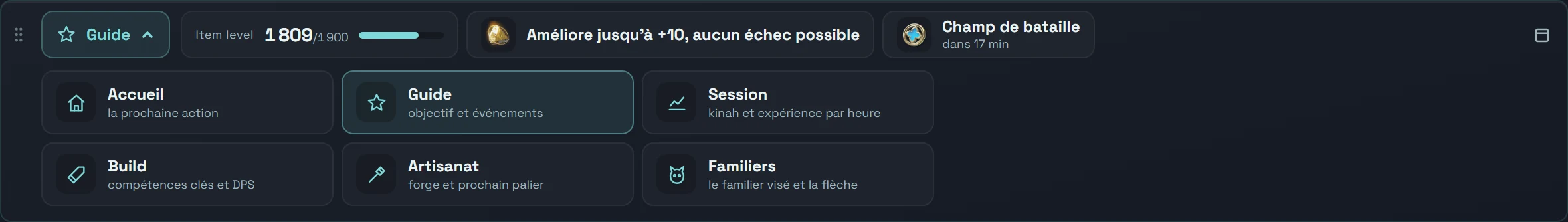 Le bandeau en haut de l'écran, menu ouvert sur ses six parties : Accueil, Guide, Session, Build, Artisanat et Familiers